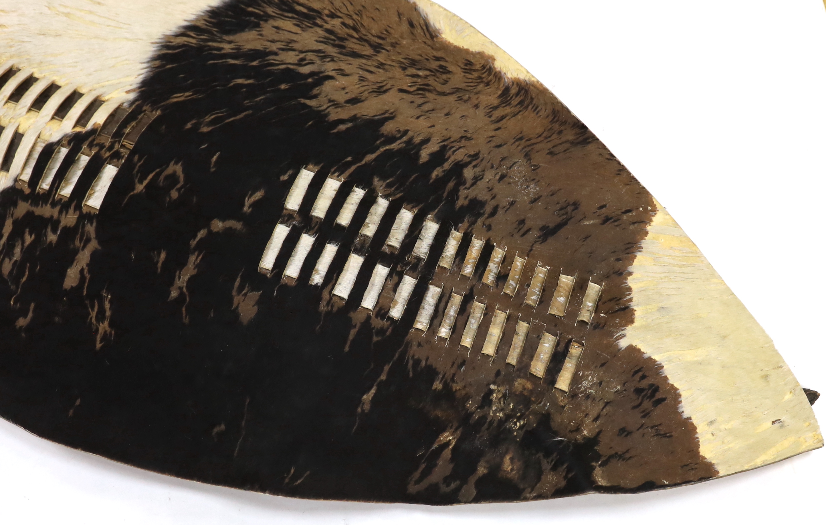 A large Ishilunga cowhide shield of conventional form with wooden stiffener, 148cm